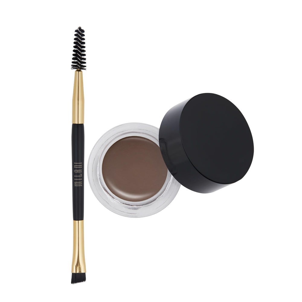 Milani flatlay with brow color and tools for quick on-the-go touchups
