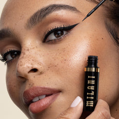 Milani eyeliner applied as a wing on eye demonstrating sharp definition and durability benefit