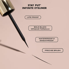 Milani eyeliner pigment stroke on white showing rich black payoff and smooth finish benefit