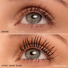 Milani tubing mascara open cap and brush highlighting applicator design for even coverage