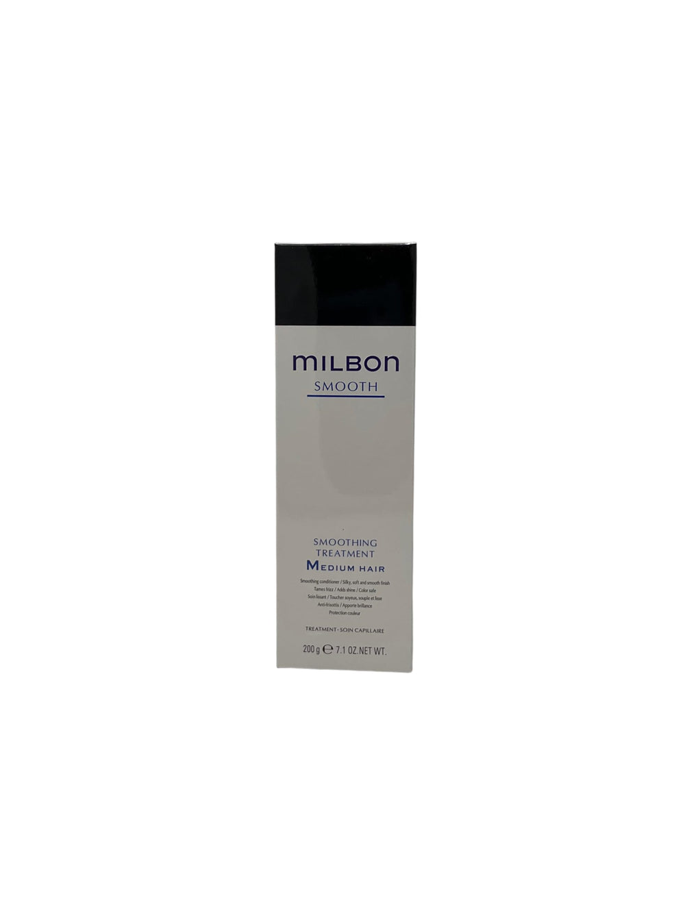 Milbon bottle front packaging shows label and size, communicates professional smoothing benefits