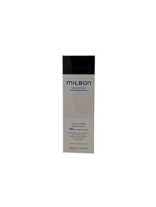 Milbon bottle front packaging shows label and size, communicates professional smoothing benefits