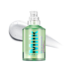 Milk Makeup front packaging showing 1 oz primer and sleek branding benefit: clear, travel-ready