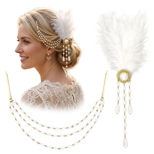 Milovgvset front view of feather and pearl set, dramatic costume finishing touch