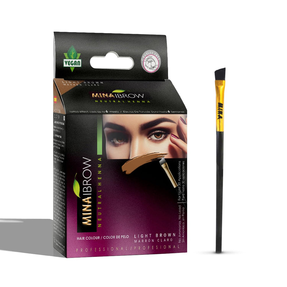 MinaiBrow front packaging showing kit contents and light brown shade benefits