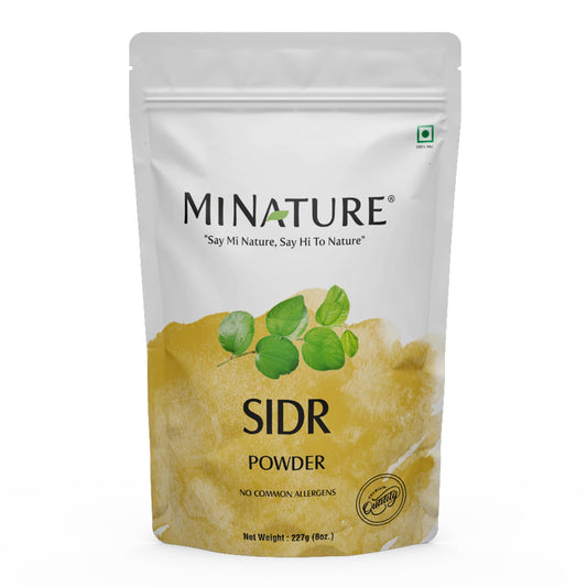 minature mi nature Sidr powder front pouch showing label and weight, clear storage benefit