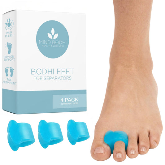 Mind Bodhi front packaging showing four blue toe separators and benefits