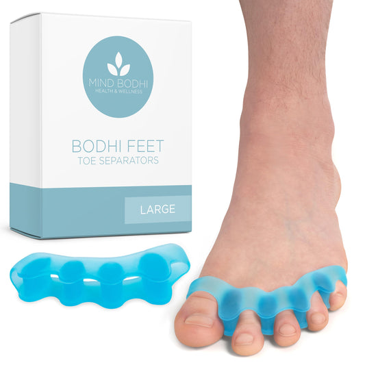 Mind Bodhi front view of blue large toe separators showing shape and spacing benefit