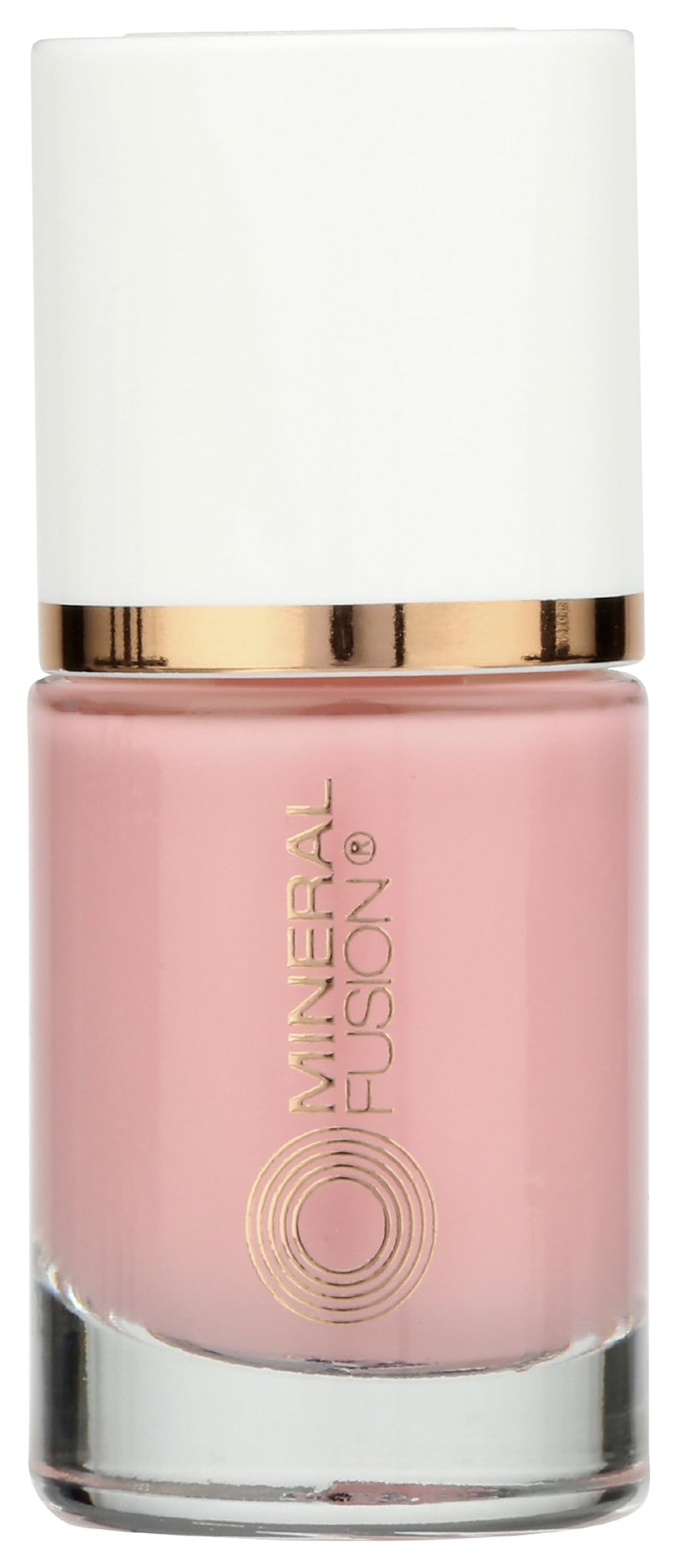 Mineral Fusion bottle front view showing pretty pink lacquer and branding benefit: clean formula