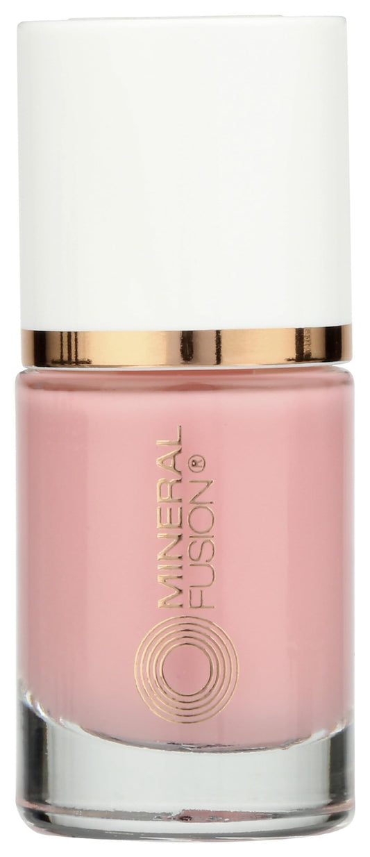 Mineral Fusion bottle front view showing pretty pink lacquer and branding benefit: clean formula