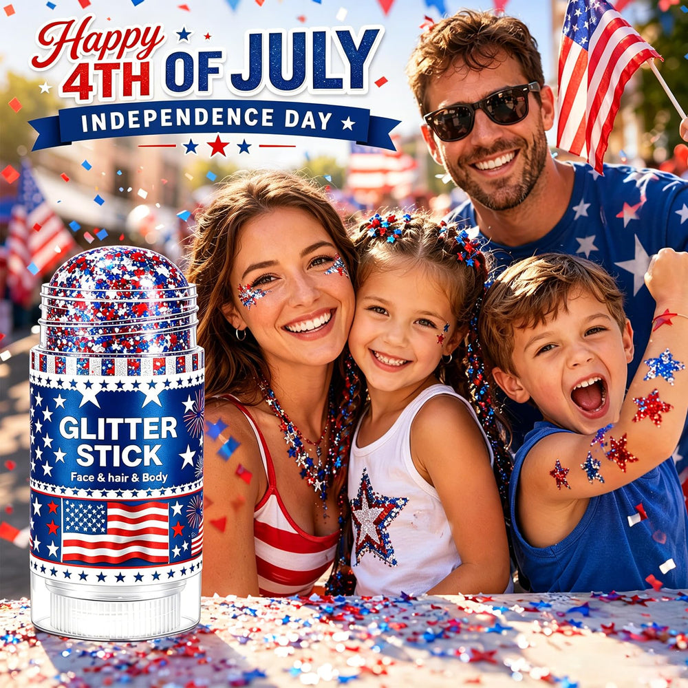 Minfei glitter applied on model face highlighting bold patriotic sparkle and photo-ready finish