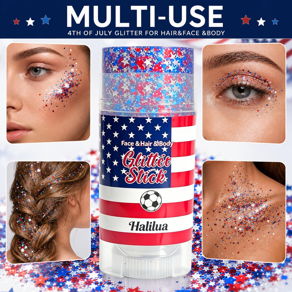 Minfei glitter on collarbone in summer outfit highlighting eye-catching patriotic shimmer