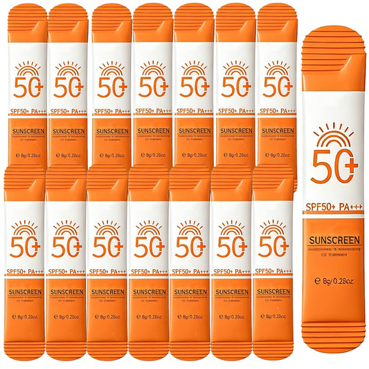 Miniling front packaging showing 15 travel-size sunscreen sachets and SPF 50+ protection