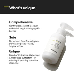 Minimalist face wash close-up ingredient label highlighting oat extract and hyaluronic acid benefits