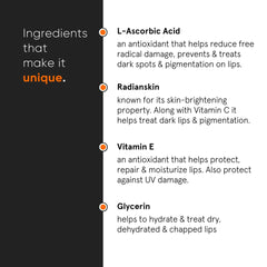 Minimalist ingredient label highlighting L-ascorbic acid and Radianskin benefit