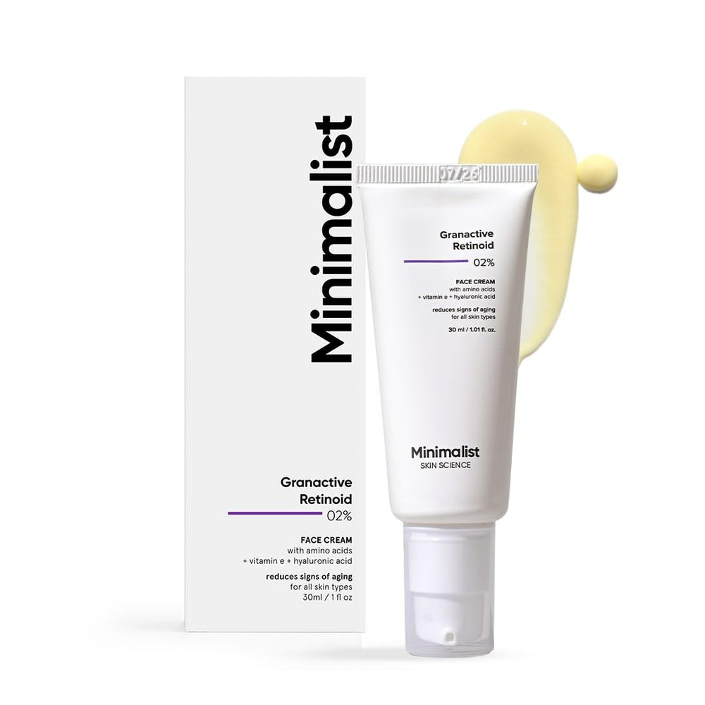 Minimalist retinoid cream front packaging showing product and benefits