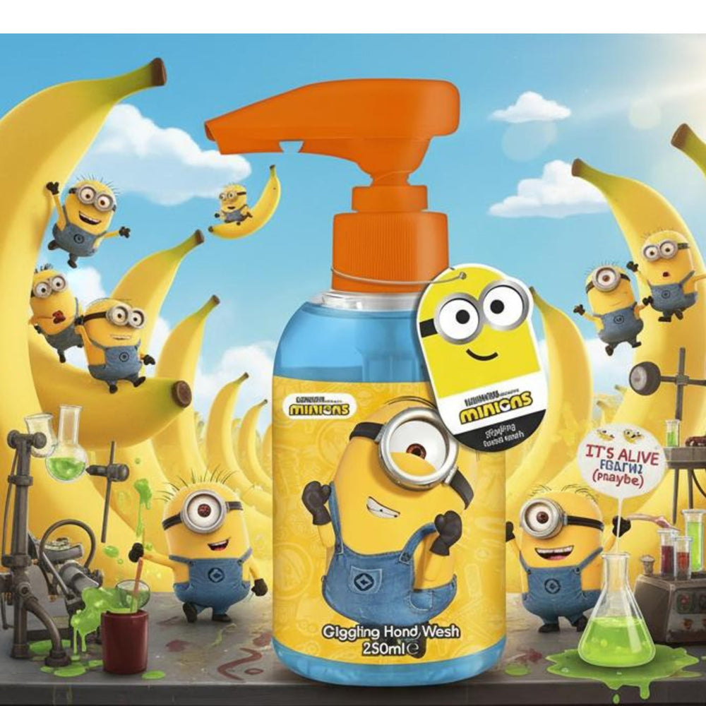 Minions bottle beside common items showing compact 250 ml size