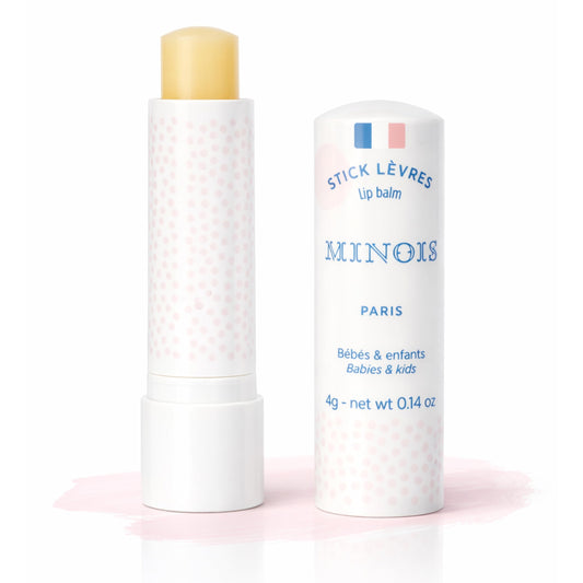 MINOIS lip balm front packaging showing compact 4g stick and branding benefits