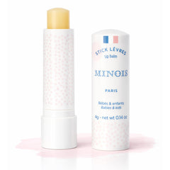 MINOIS lip balm front packaging showing compact 4g stick and branding benefits