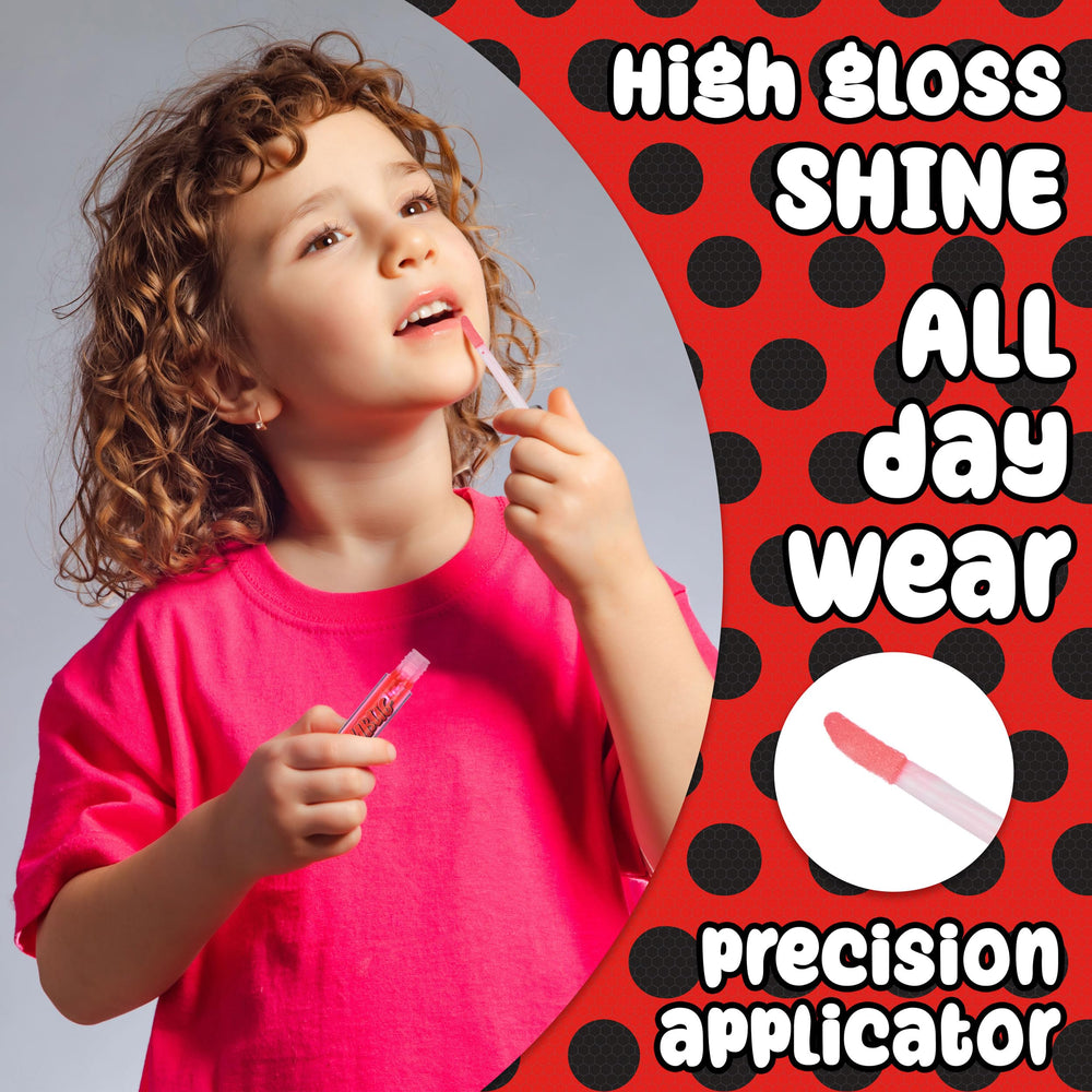 Miraculous gloss texture sheen on lips showing subtle sparkle and kid-friendly finish