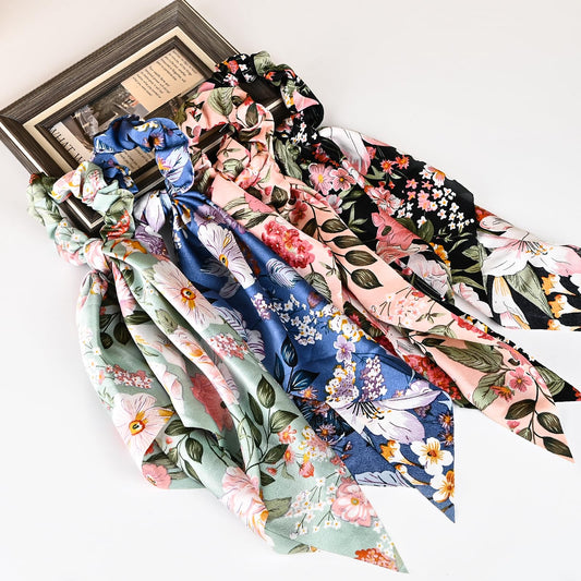Mirlern front view of four Lily scrunchies showing patterns and colors, stylish gift-ready