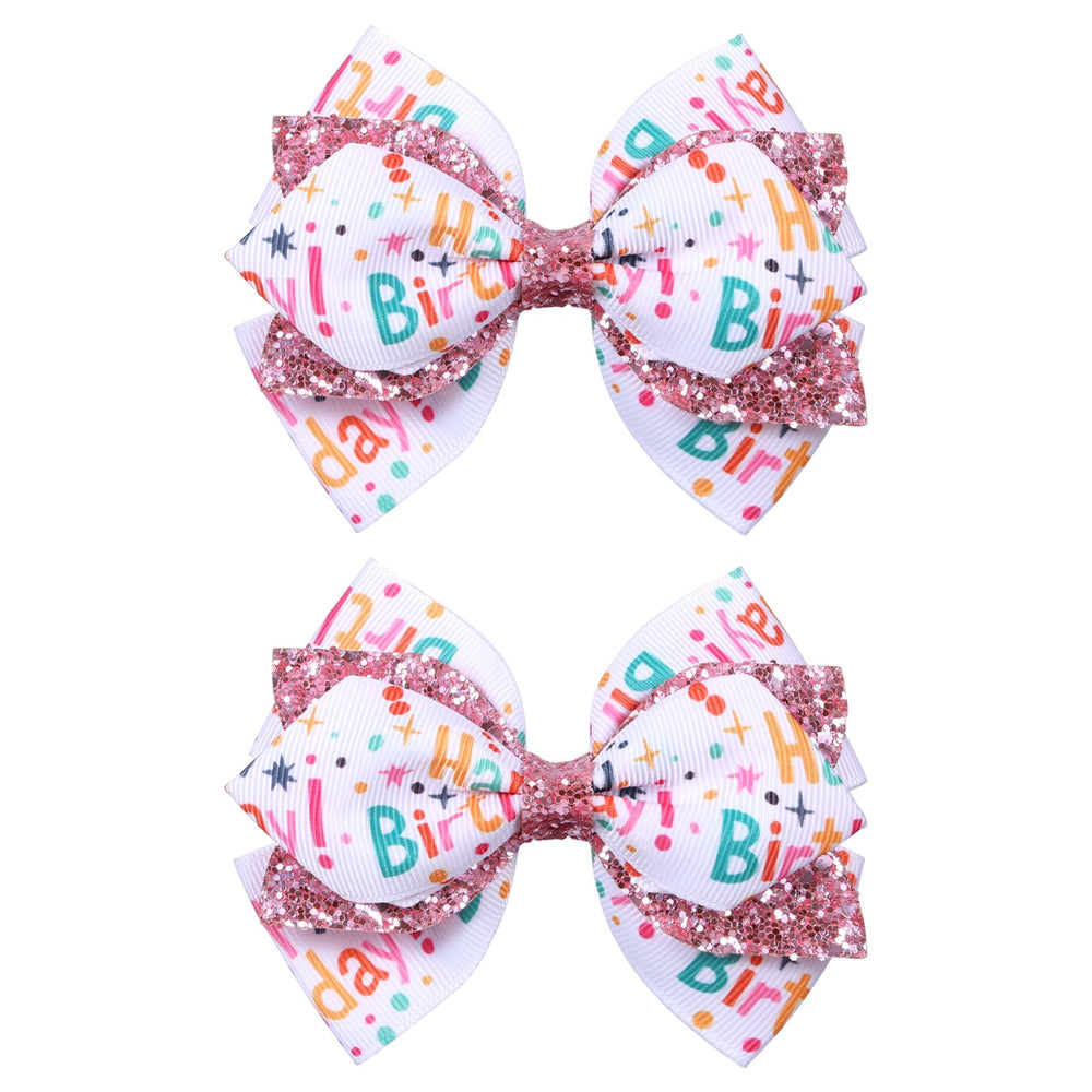 Miroksh front view of two pink birthday bow clips showing festive design and shine