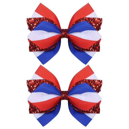 Miroksh front view of pair sparkly patriotic bows, festive finishing touch