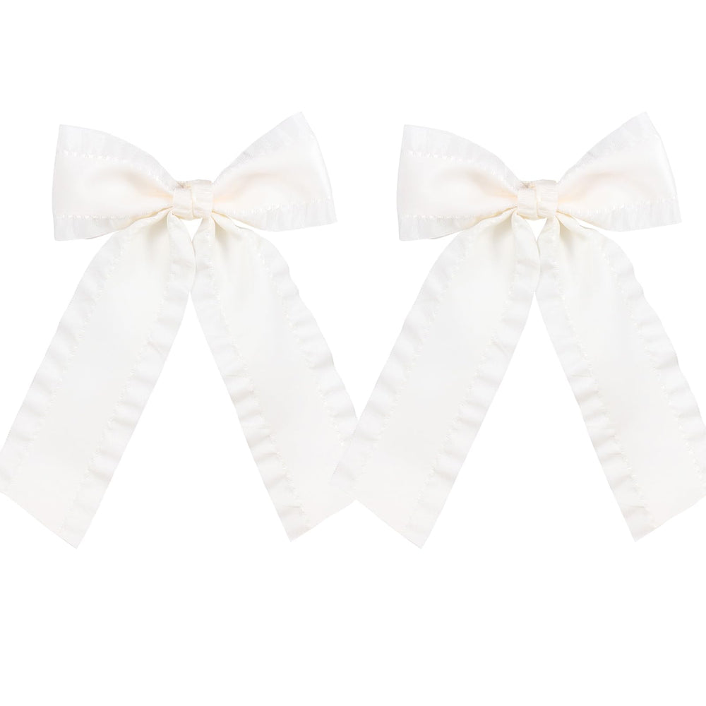 Miroksh front view of off-white satin bows showing elegant finish and versatility