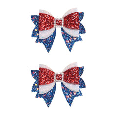 Miroksh front view of two patriotic bow clips showcasing festive colors and sparkle