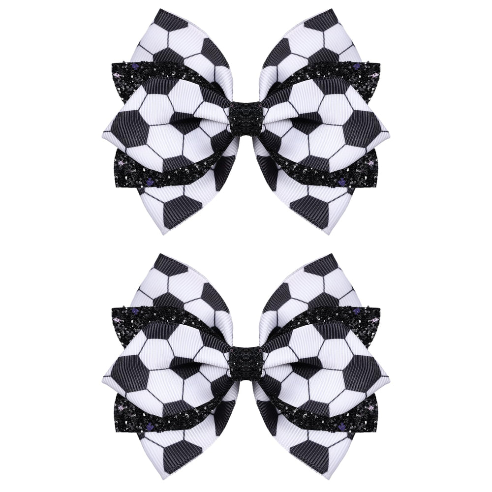 Miroksh front view of two black white soccer bows showing shape and sparkle benefit