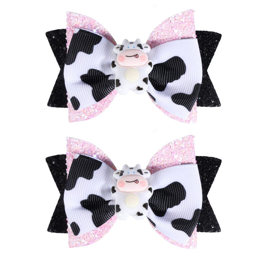 Miroksh front view bow pair showing cute cow print and sparkle benefit
