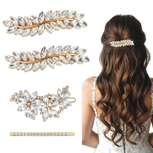 Miskate front view of four-piece gold B clip set enhances bridal styling