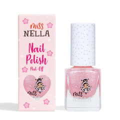 MISS NELLA bottle front view showing pink glitter polish benefit: safe fun