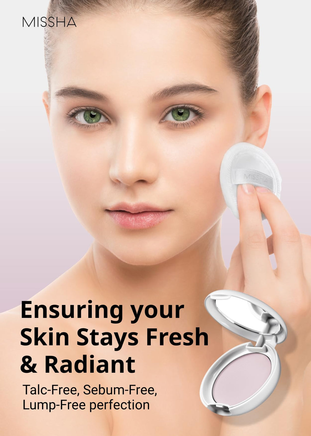 MISSHA pressed powder texture closeup highlights fine milled finish for smooth setting