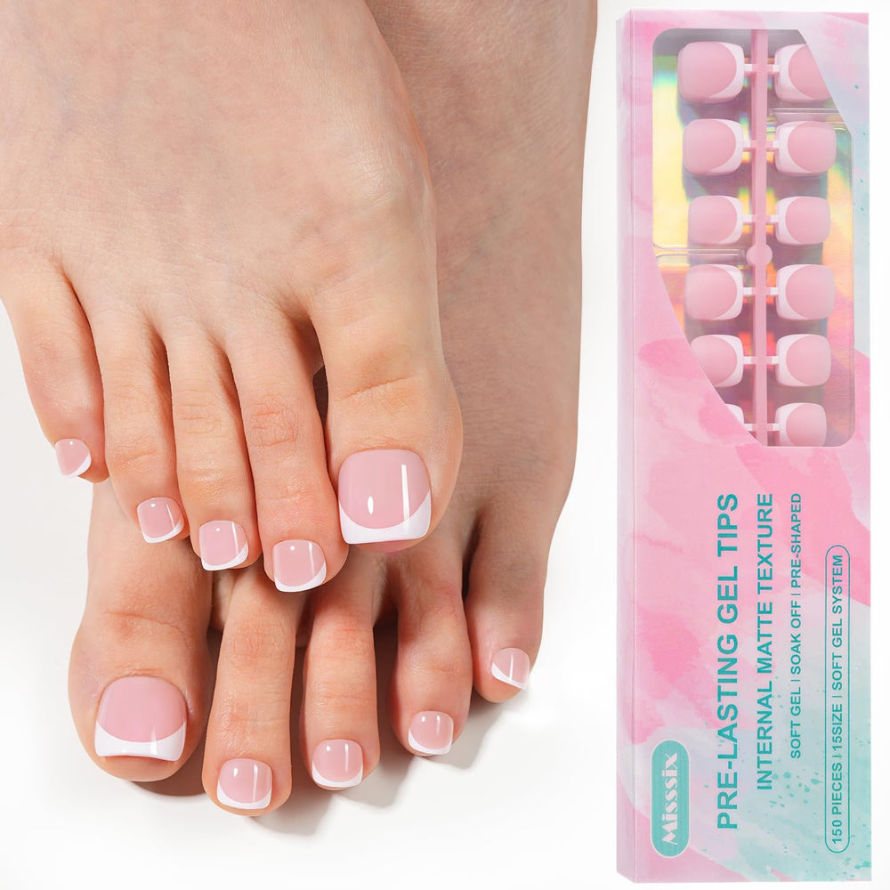 Misssix front packaging showing 150pcs pink French toe tips and clear benefit