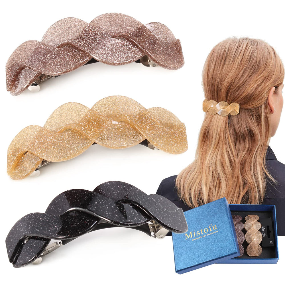 Mistofu front packaging showing three glitter barrettes and gift box benefit