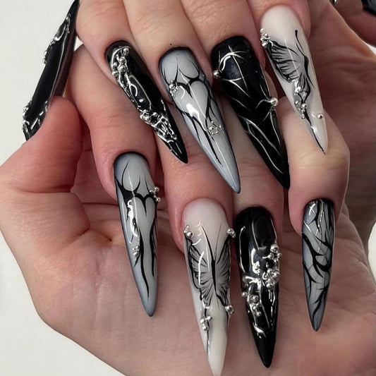 MISUD front pack display showing 24-piece stiletto set and dramatic goth look, instant style