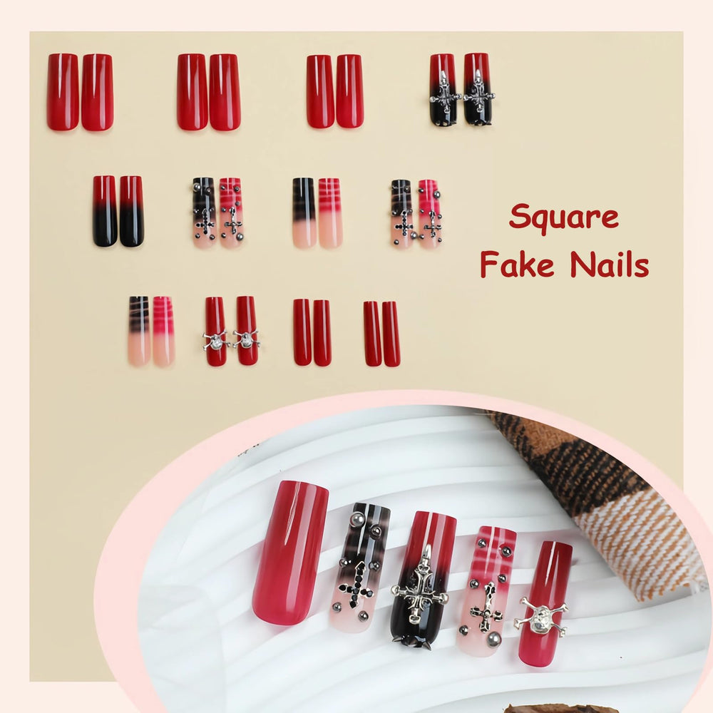 MISUD nails worn on hand model displaying long square shape and dramatic look