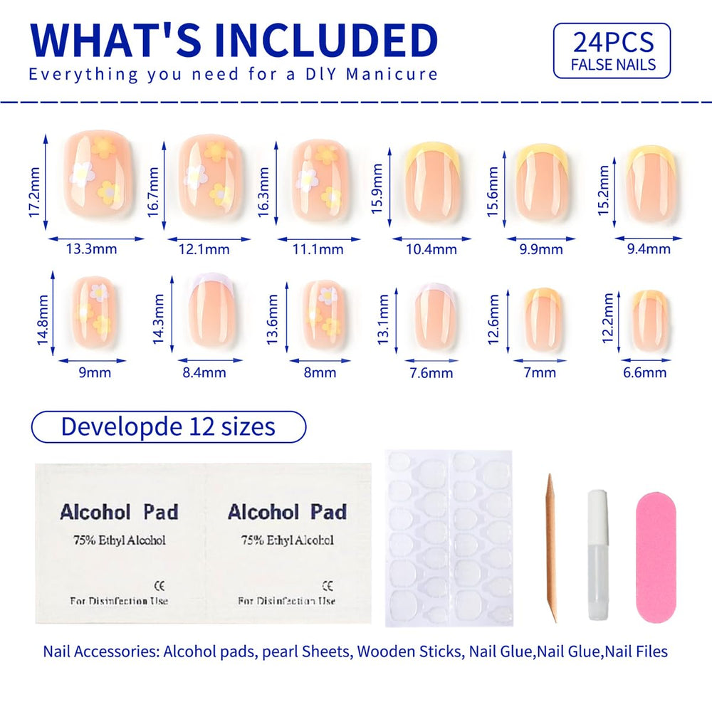 Mivota included tools: cuticle stick, double-sided file, glue, cleaning pads