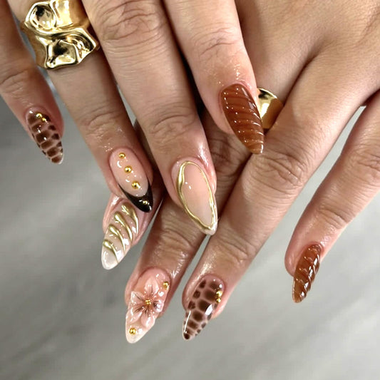 Mivota front packaging showing 24 brown press on nails and benefits