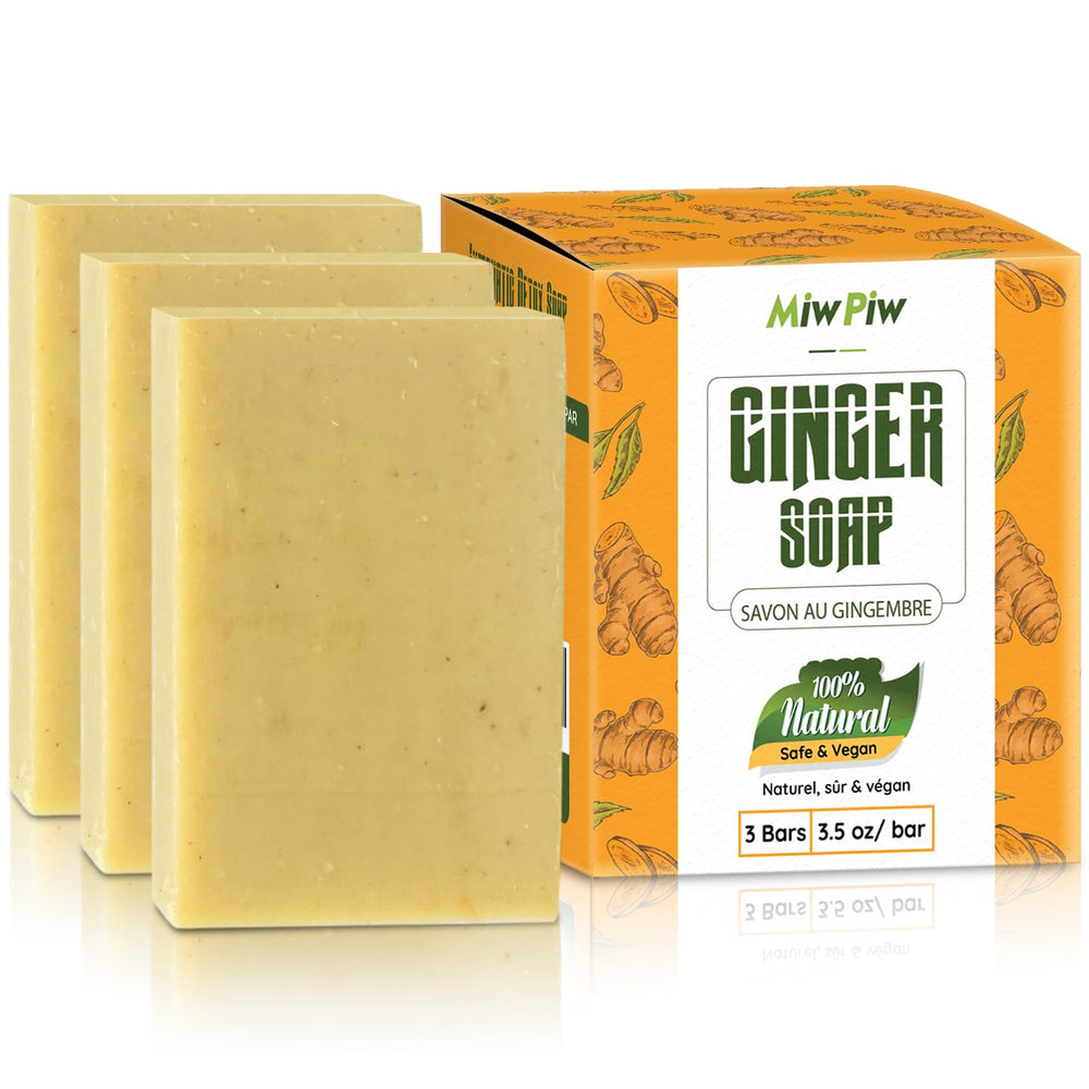 Miw Piw ginger soap front packaging showing trio bars and natural look for detox
