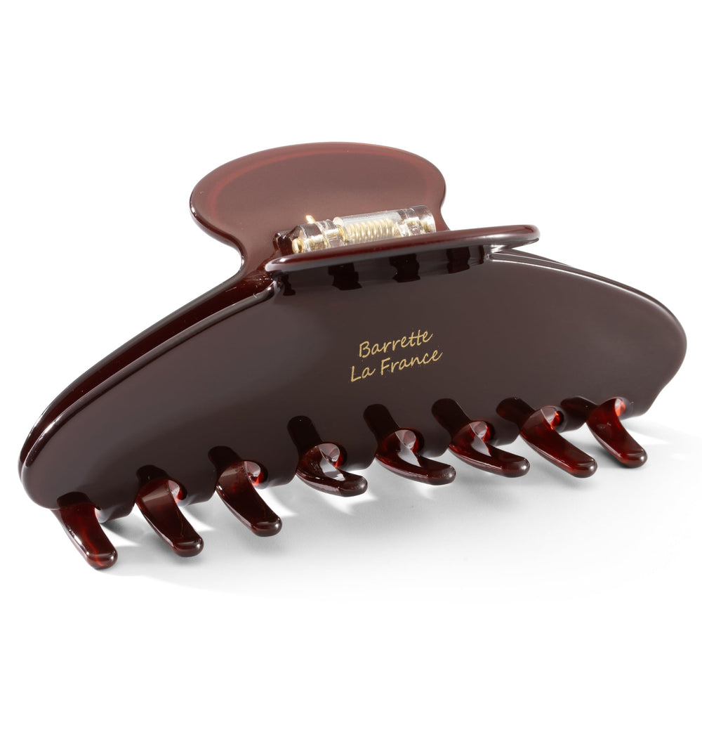 Mixcbe front view of red acetate clip showing shape and glossy finish, stylish hold