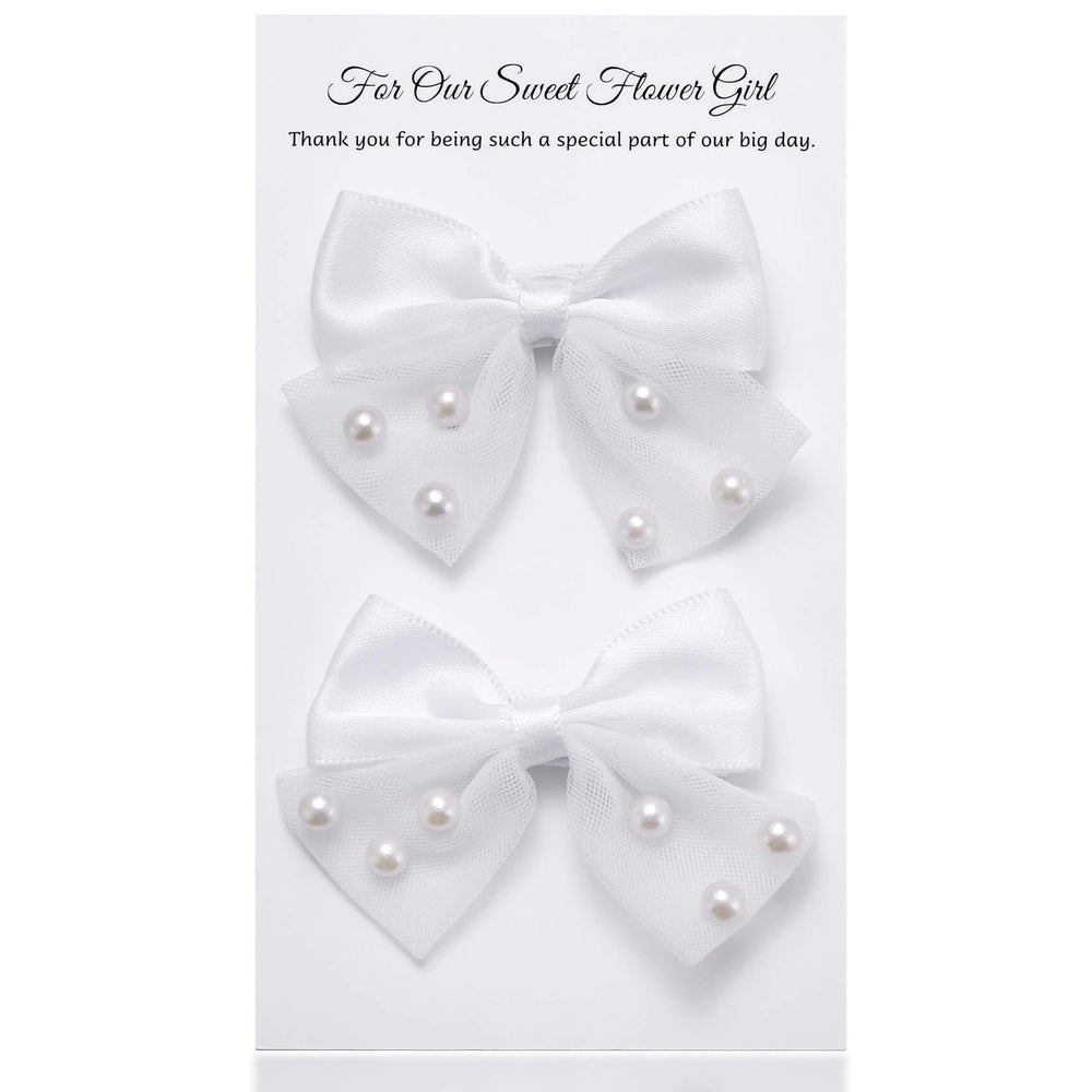 MIXJOY front view of two white pearl bow clips, elegant gift ready