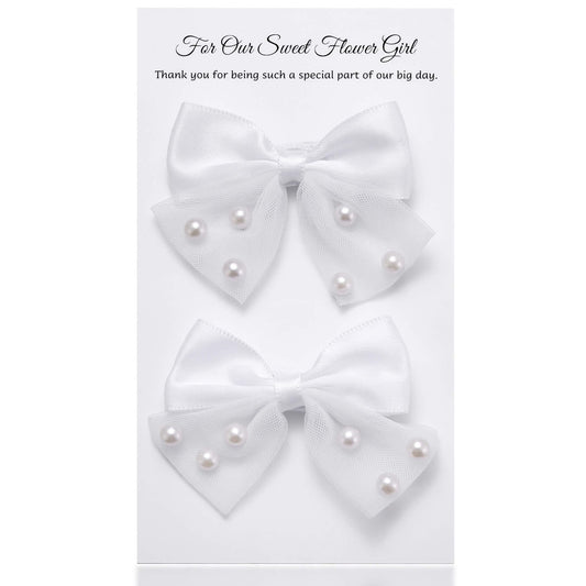 MIXJOY front view of two white pearl bow clips, elegant gift ready