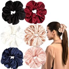 MixS Live front view of six silk scrunchies showing colors and packaging benefit: easy outfit coordination