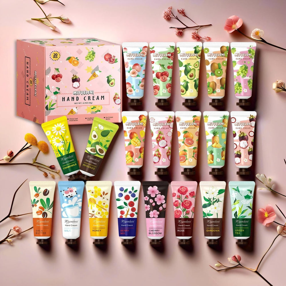 MIYUELENI flat lay of all 20 tubes highlighting scent selection benefit