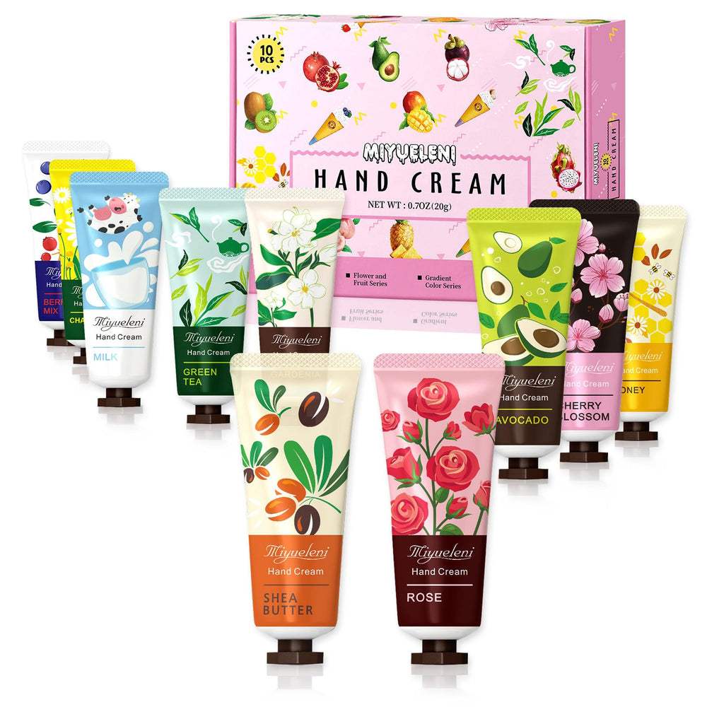 MIYUELENI front packaging showing ten travel hand cream tubes and variety
