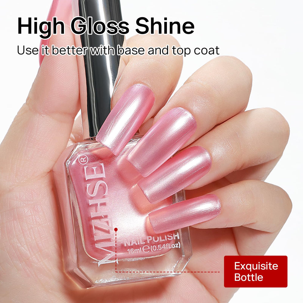 MIZHSE nail swatch fan displaying rose-pink coverage and color payoff benefit