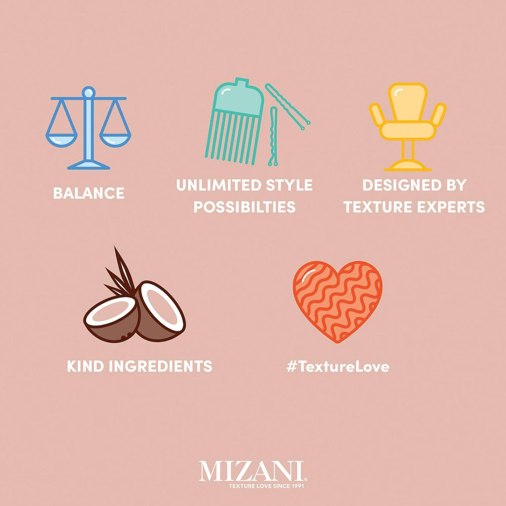 Mizani on bathroom shelf lifestyle shot showing salon-grade styling routine benefit