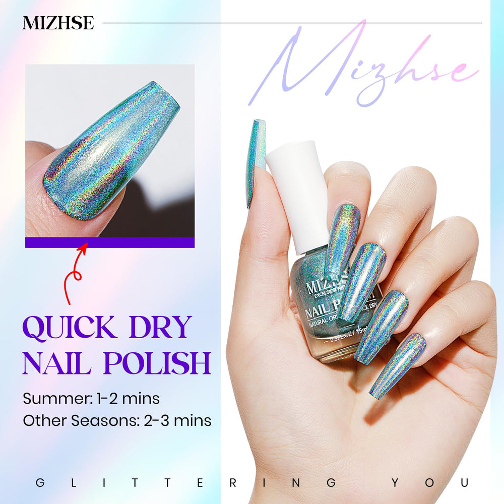 MIZHSE holographic blue on a nail tip highlighting rainbow shimmer